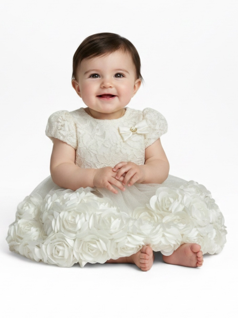 NWOT Ivory Ruffled Lace Flower Rosette Dress